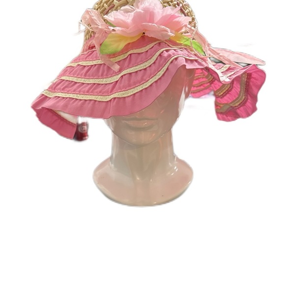 Pink and Tan Woven Sun Hat with Flower Accent - Picture 4 of 4